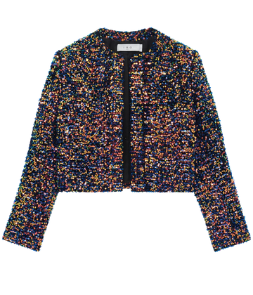 A statement third piece, open jacket. With multicolour sequins, round neck, long sleeves, padded shoulders and cropped length. Fashion forward, bra friendly, made internationally, comfortable, matching set, party. 