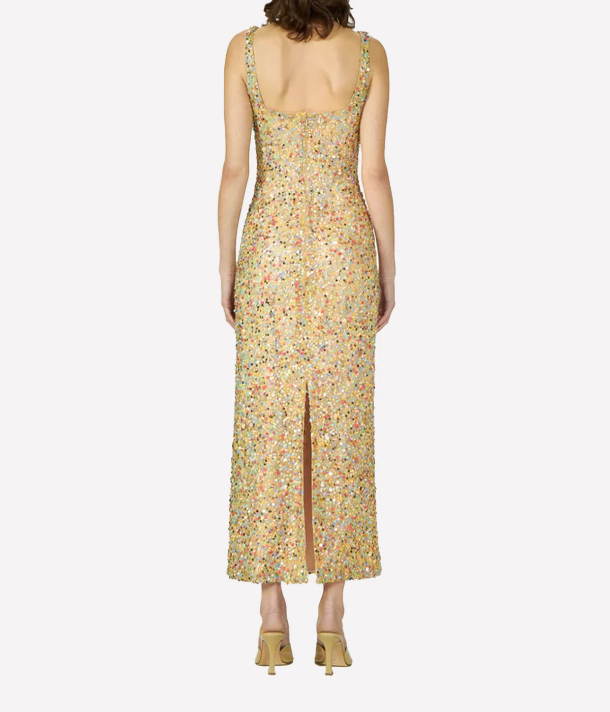 beige midi dress with multi-coloured sequins, styled for an elegant and glamorous occasion look.