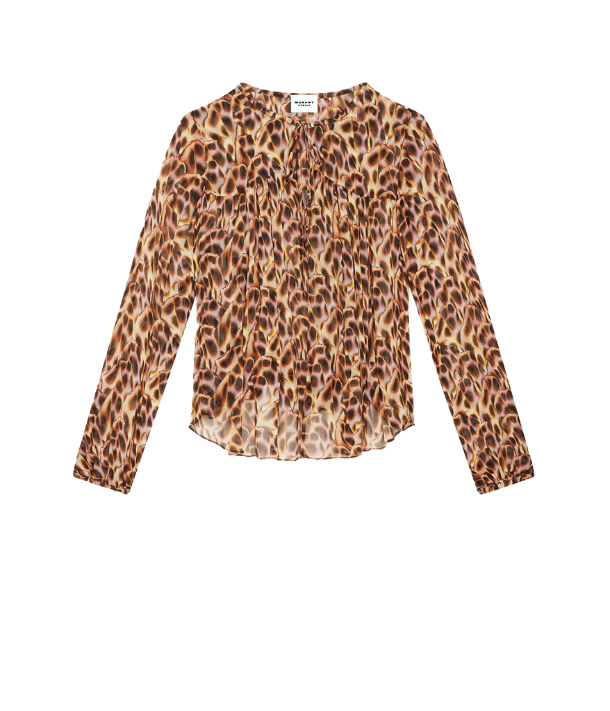 An airy long sleeve blouse, with a tie up keyhole neckline. Semisheer leopard print that falls into soft pleats for an elegant look, exuding Isabel Marant chic. 