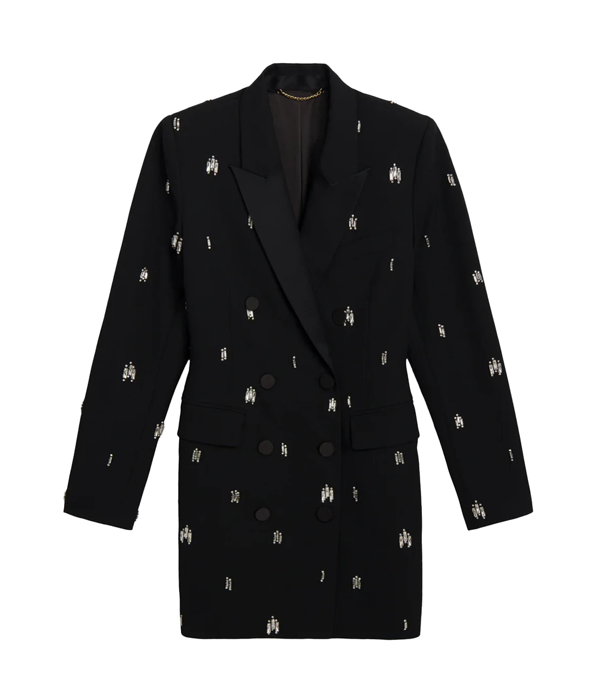 A standout special occasion mini blazer style dress, with long sleeves and embellished crystals, tuxedo lapel and double breasted. Stand out, date night look, made in USA, bra friendly, Christmas outfit, party season.   