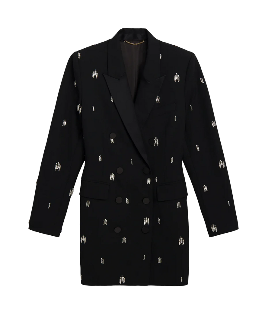 A standout special occasion mini blazer style dress, with long sleeves and embellished crystals, tuxedo lapel and double breasted. Stand out, date night look, made in USA, bra friendly, Christmas outfit, party season.   