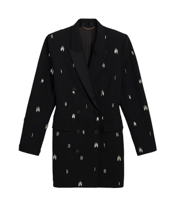 A standout special occasion mini blazer style dress, with long sleeves and embellished crystals, tuxedo lapel and double breasted. Stand out, date night look, made in USA, bra friendly, Christmas outfit, party season.   