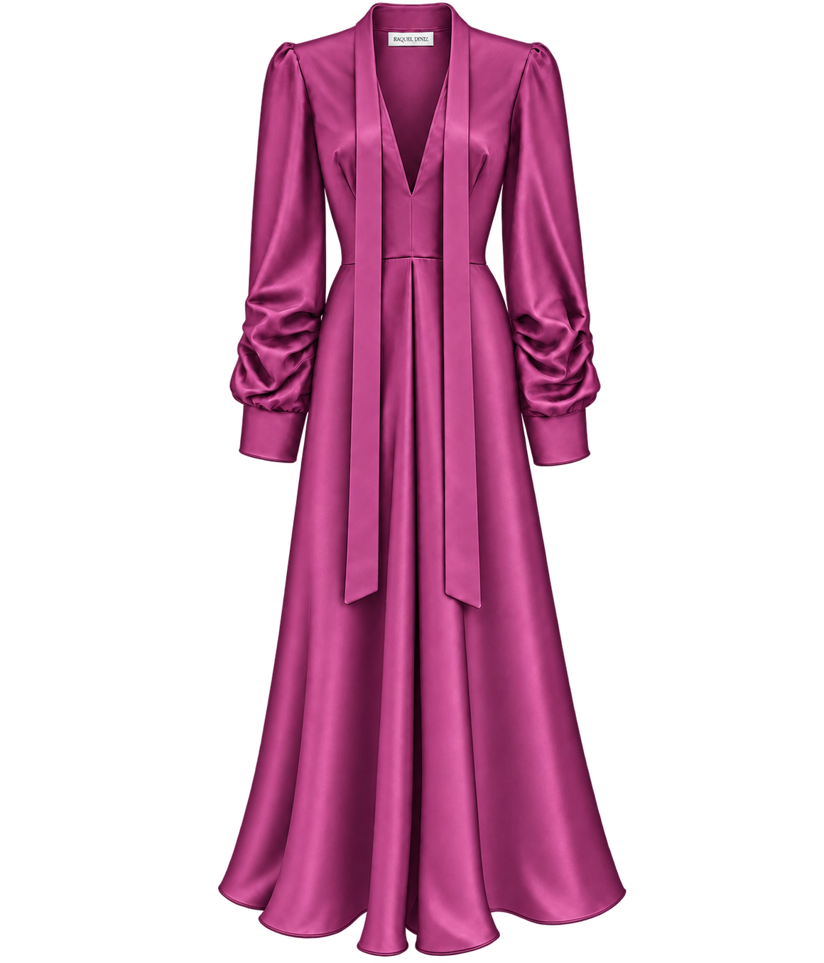 Raquel Diniz Valerie Dress In Fuchsia laid flat, showing the glossy fuchsia silk, plunging V-neckline, long neck ties, gathered long sleeves with buttoned cuffs and flared maxi skirt