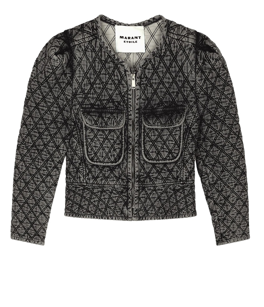 A trendy and unique quilted design denim jacket, in a vintage inspired dark grey wash with zip closure, long sleeve, peplum detail and front accent pockets. Elevated basic, made internationally, 100% cotton, bra friendly, comfortable. 