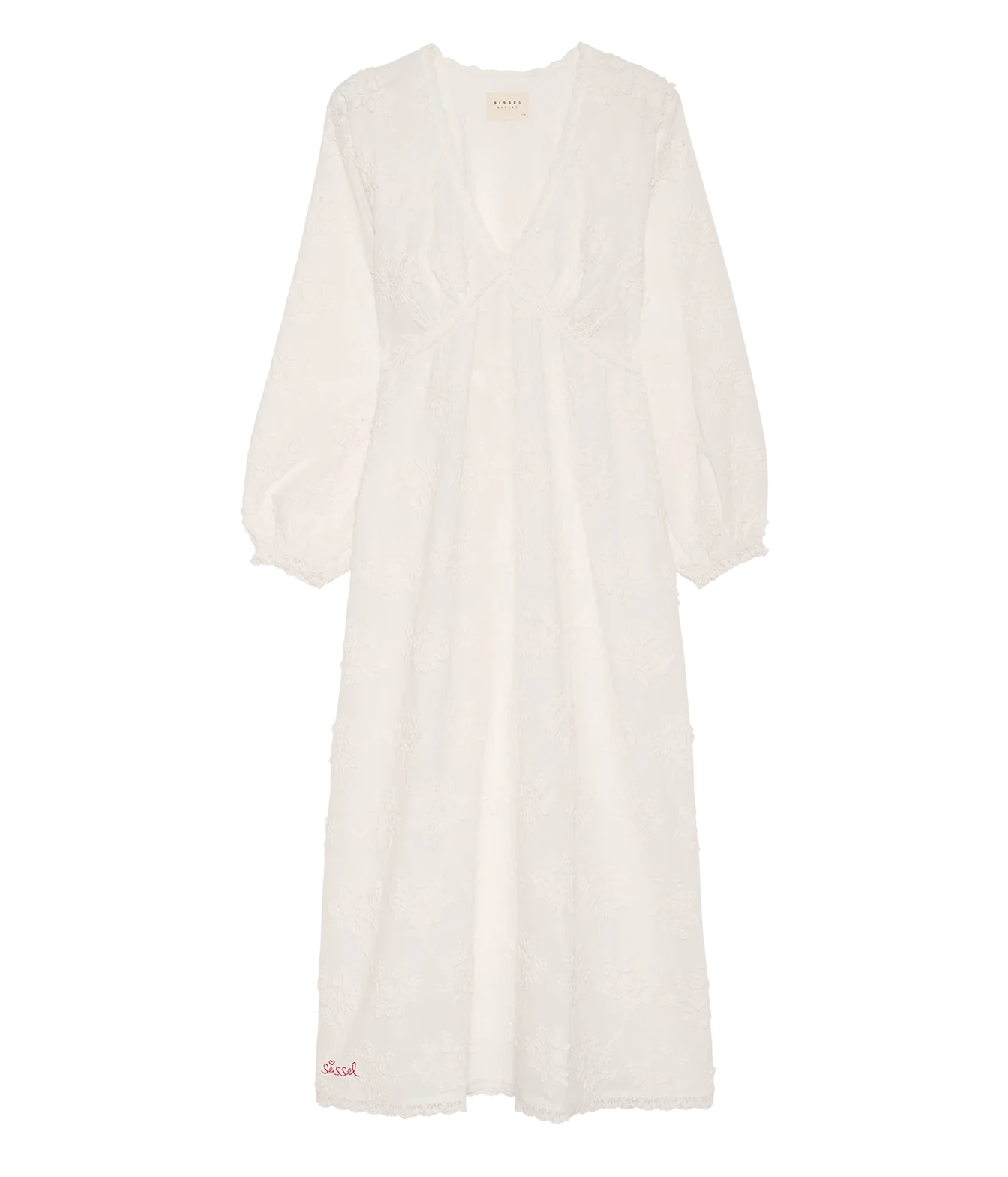 A long-sleeve white maxi dress with a V-neckline and gathered waist, shown flat against a solid white background.