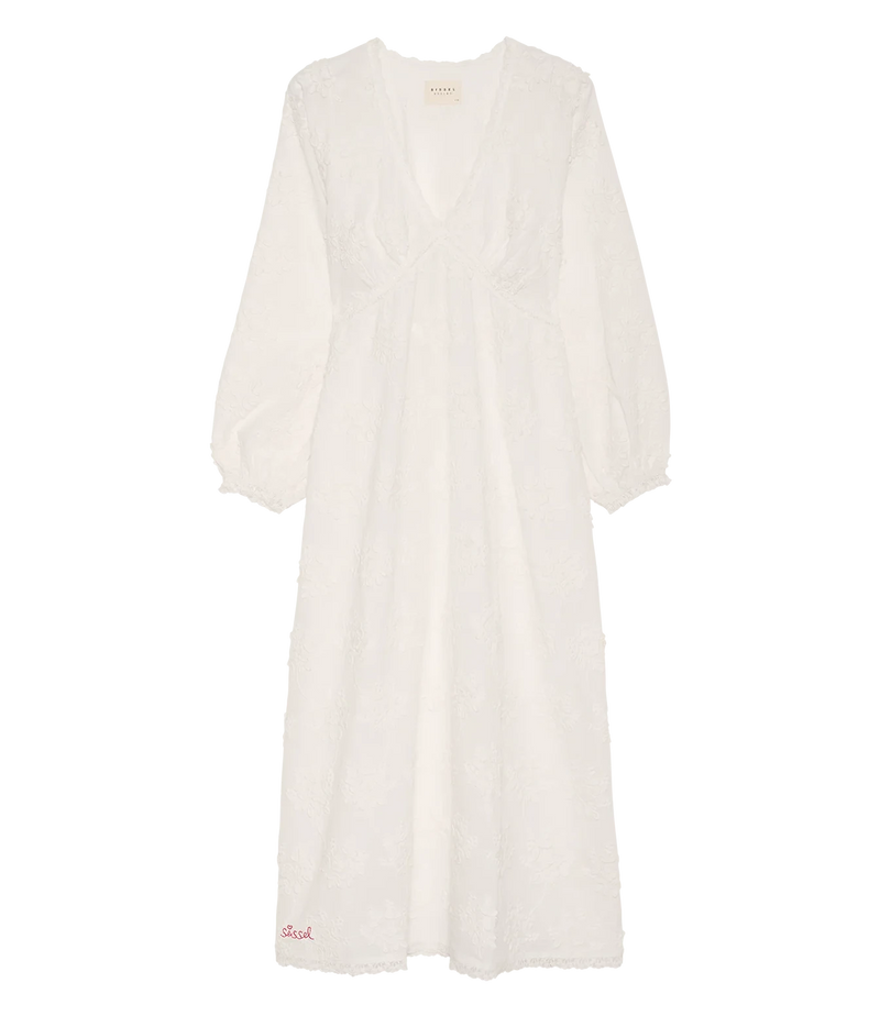 A long-sleeve white maxi dress with a V-neckline and gathered waist, shown flat against a solid white background.