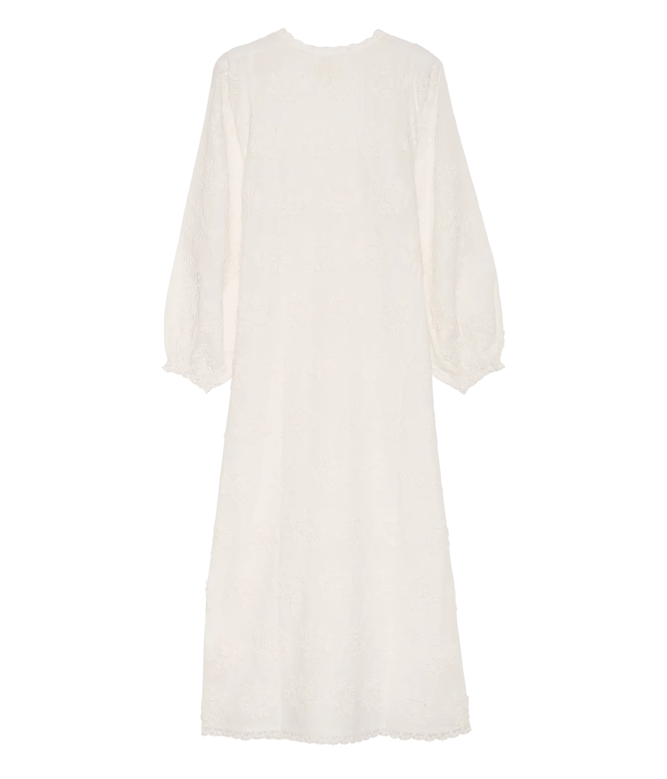 An off-white long-sleeve midi dress with a textured lace-like pattern, shown against a plain white background.