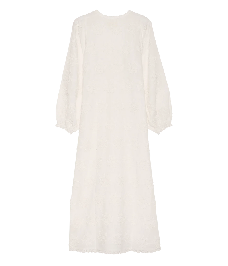 An off-white long-sleeve midi dress with a textured lace-like pattern, shown against a plain white background.