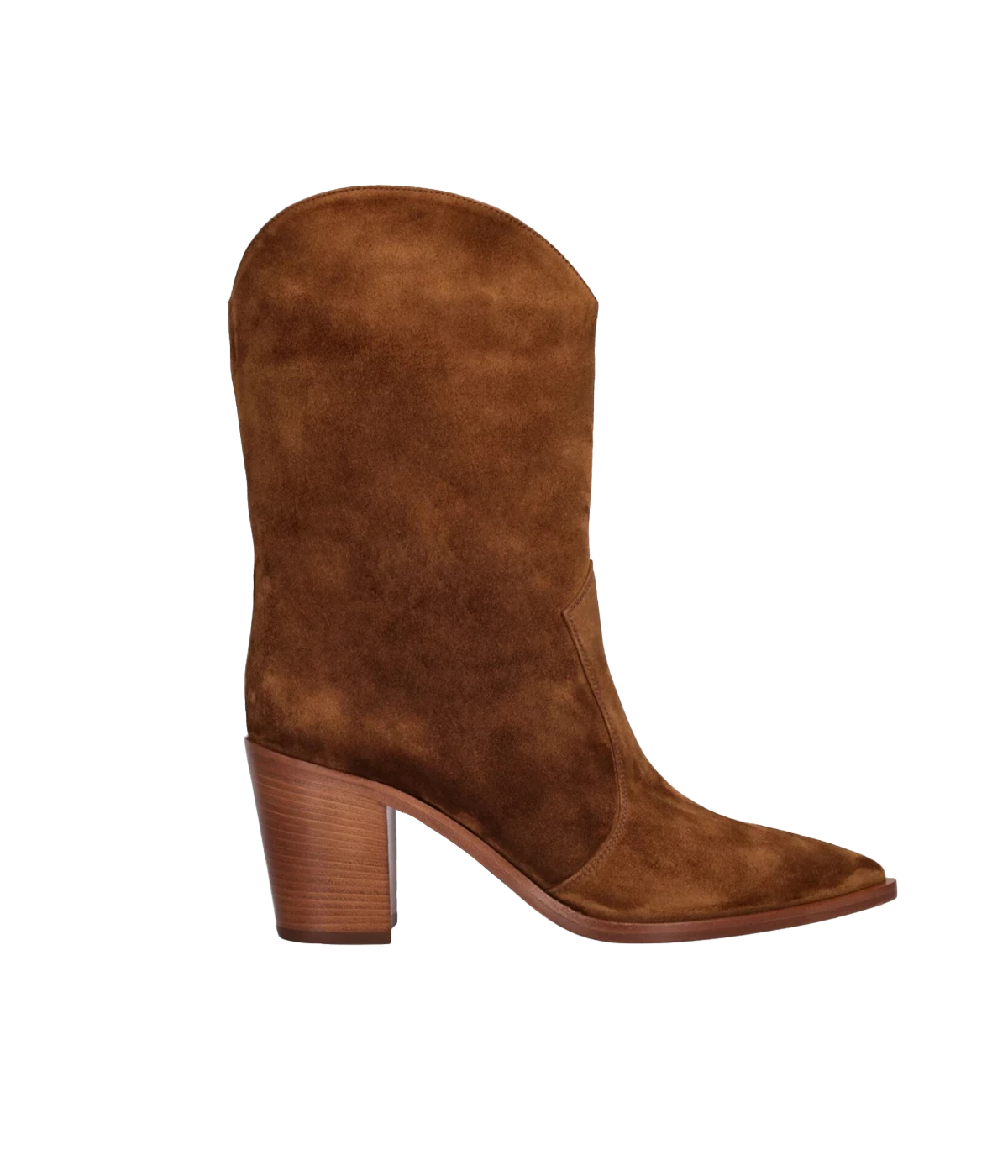 A cowboy style ankle boot, crafted from soft camel suede leather. Comfortable mid-block heel and pointed toe, slip on style boot. Add a hint of western flair to any outfit. 