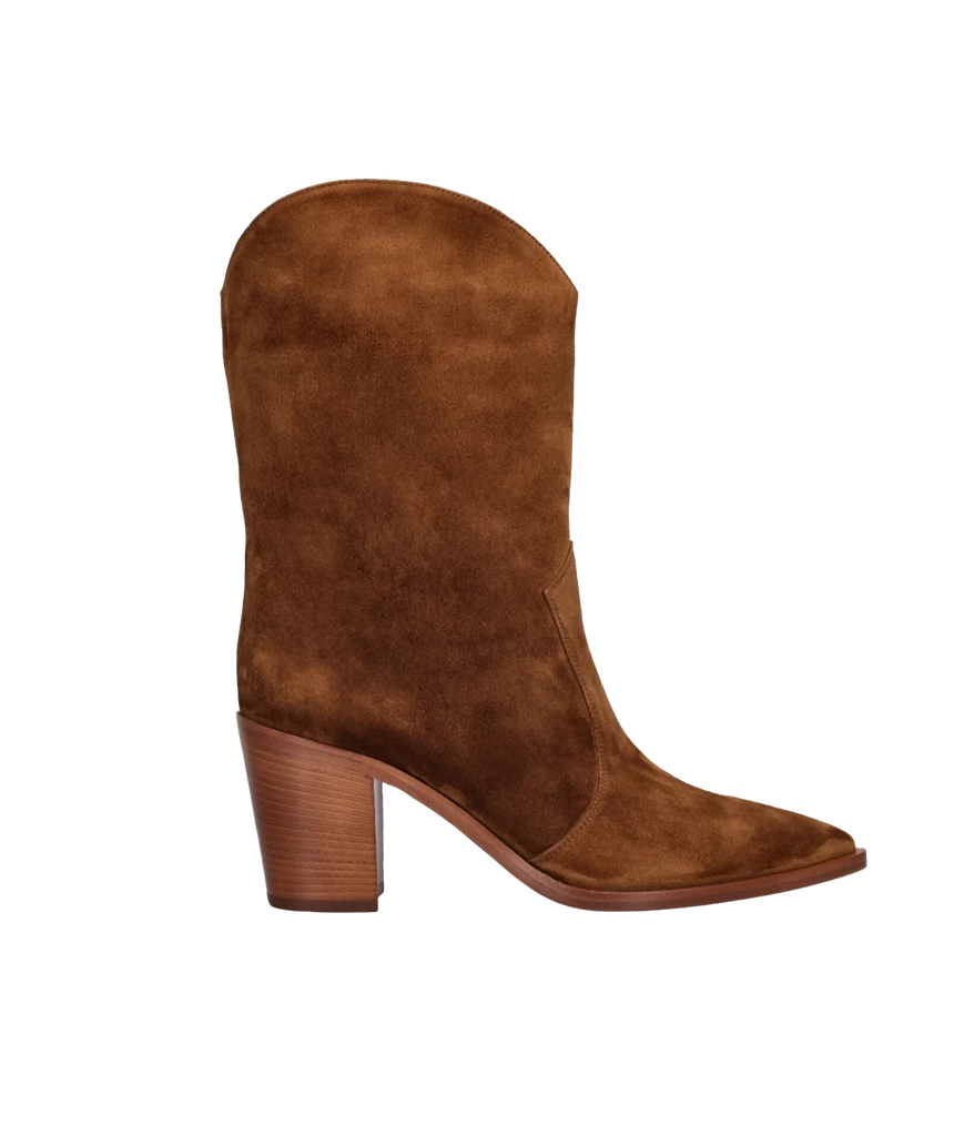 A cowboy style ankle boot, crafted from soft camel suede leather. Comfortable mid-block heel and pointed toe, slip on style boot. Add a hint of western flair to any outfit. 