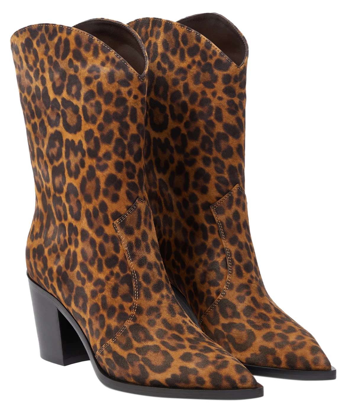 A versatile Gianvito Rossi leopard print bootie with a mid-height heel. Subtle cowboy boot look, suede leather exterior with leather lining. Handmade in Italy.
