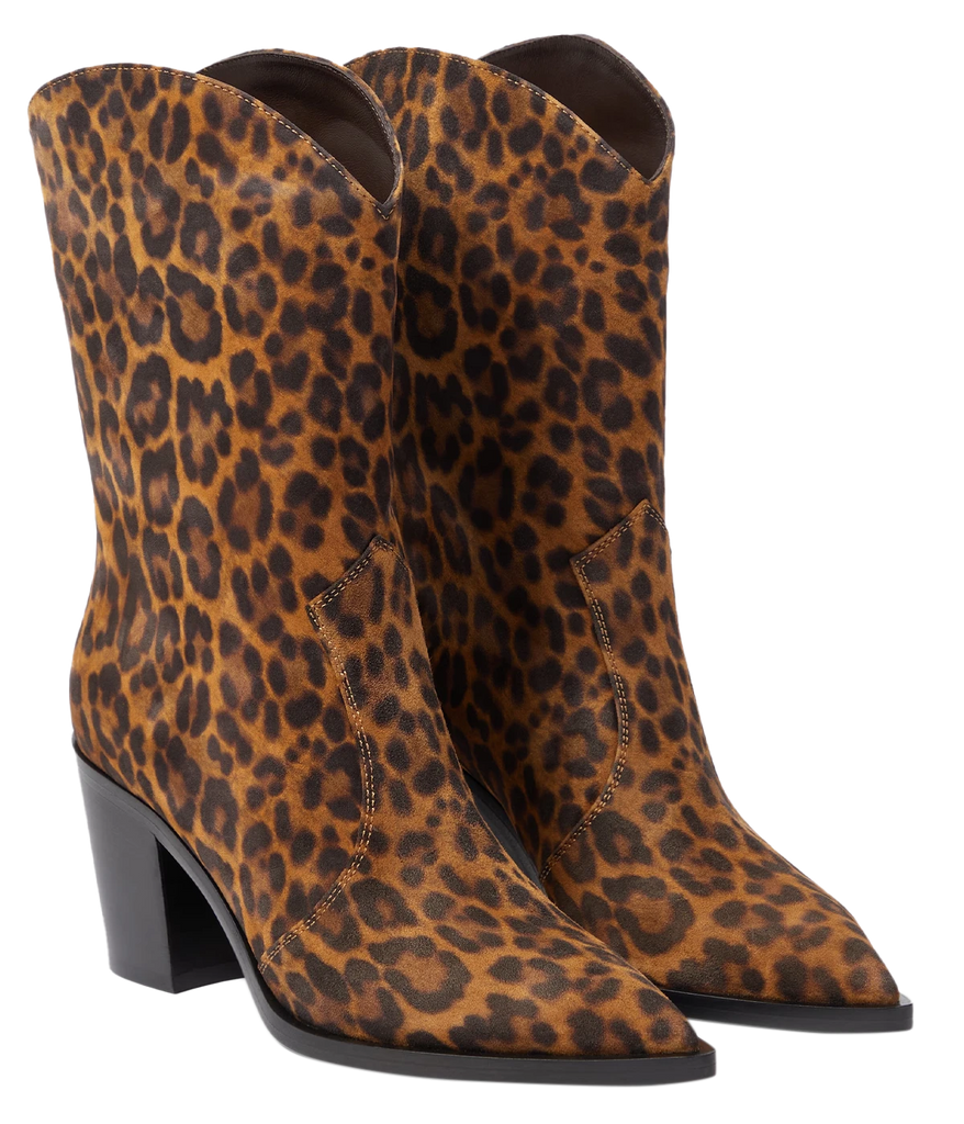 A versatile Gianvito Rossi leopard print bootie with a mid-height heel. Subtle cowboy boot look, suede leather exterior with leather lining. Handmade in Italy.