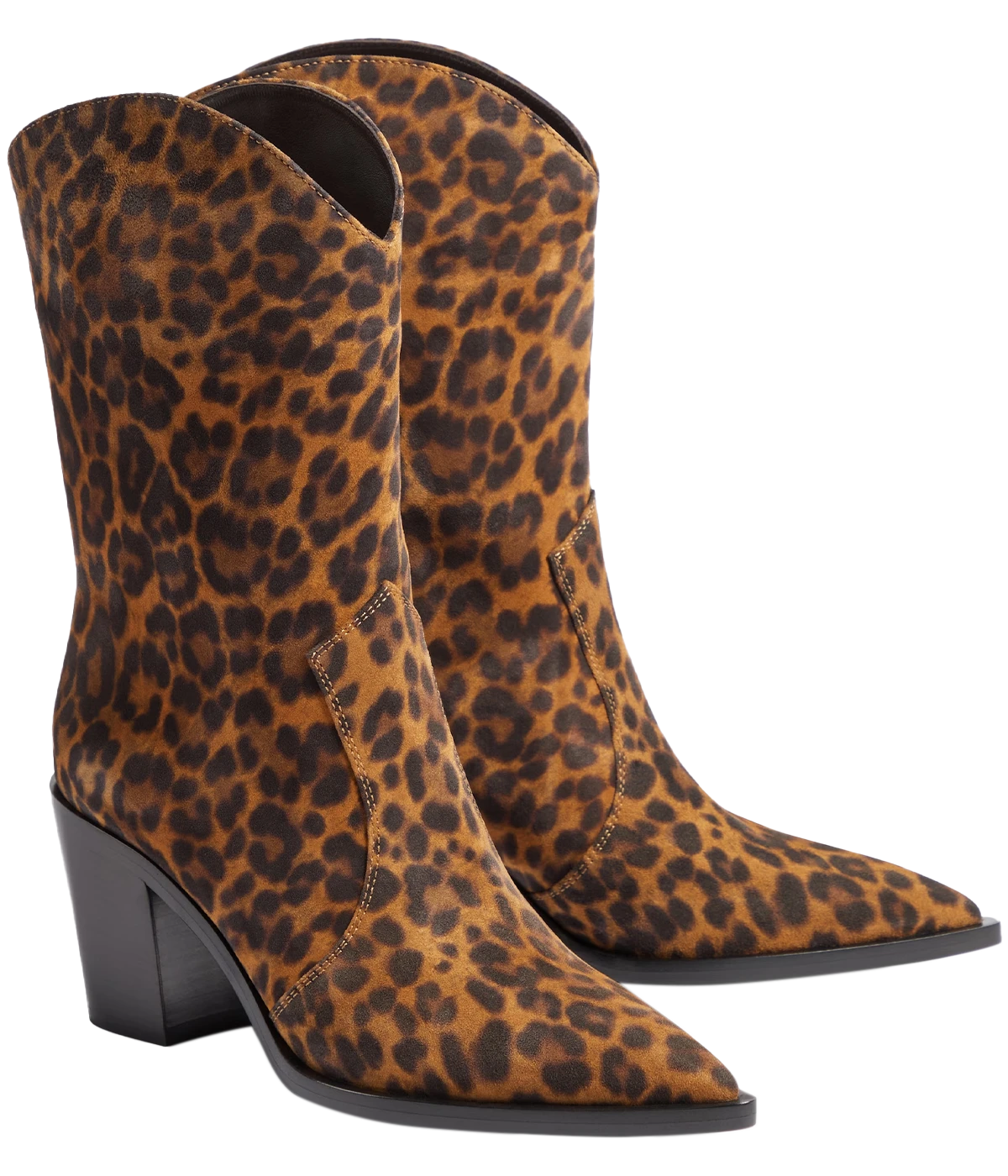 A comfortable 8cm heel with an elegant pointed toe. Stylish leopard print suede outer. Wear this refined cowboy boot all year to dress up any outfit.