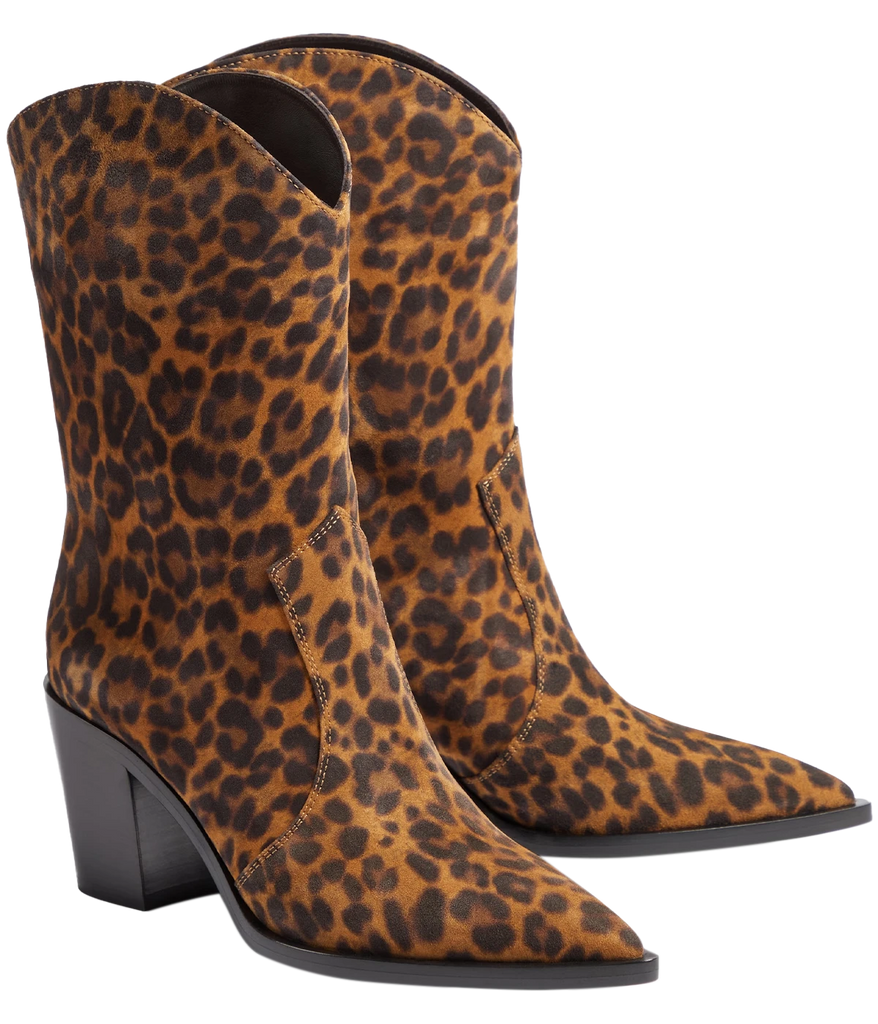 A comfortable 8cm heel with an elegant pointed toe. Stylish leopard print suede outer. Wear this refined cowboy boot all year to dress up any outfit.