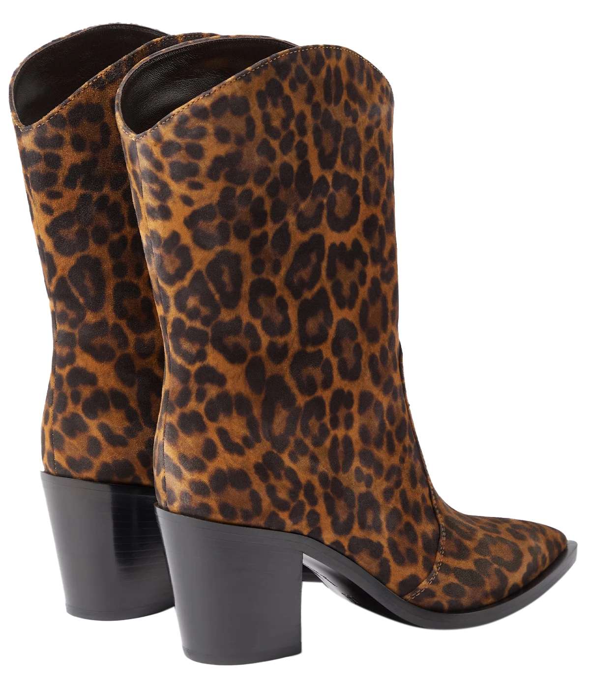 A western cut silhouette boot with a mid height heel. Soft suede leather with a stunning leopard print with a pointed toe. Wear all day and to your next party. A fun and fresh take on A Gianvito Rossi classic style.