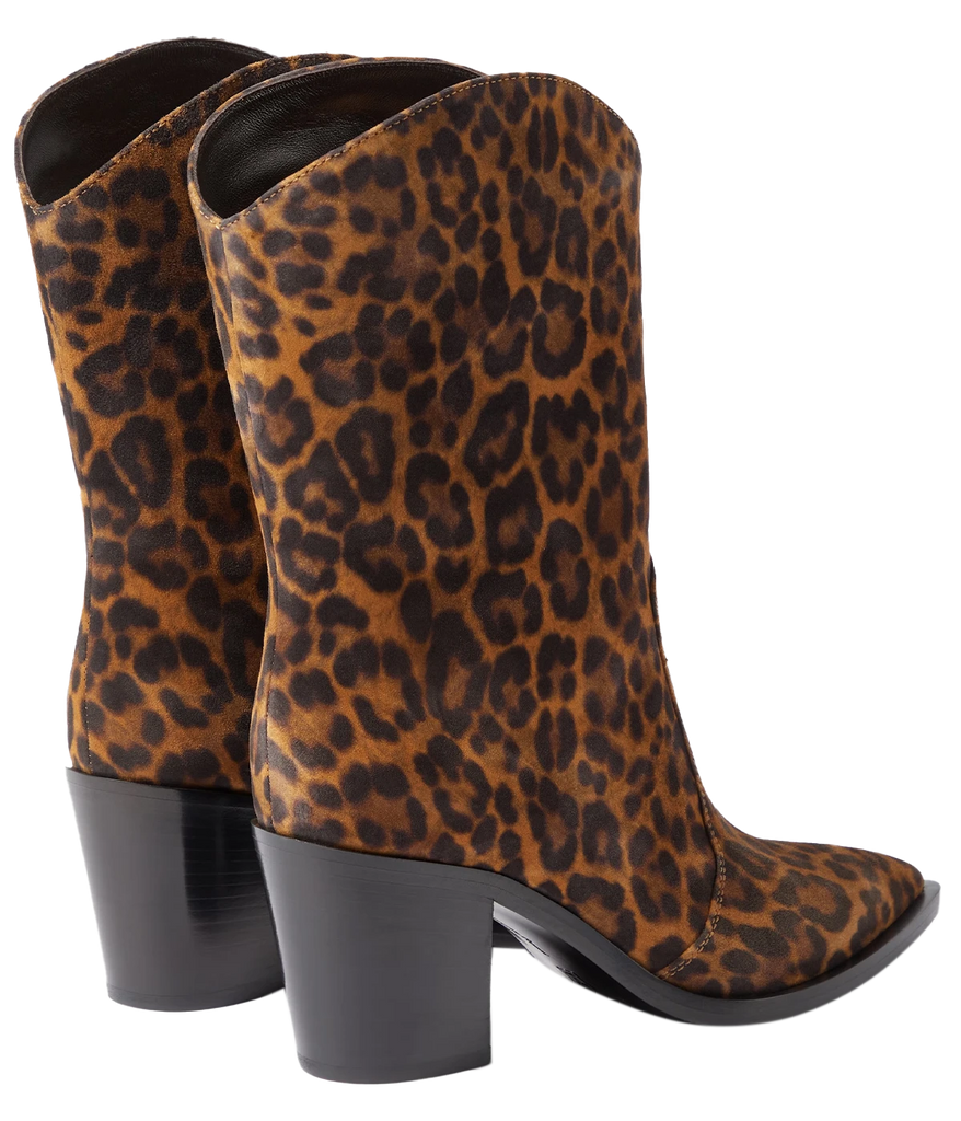A western cut silhouette boot with a mid height heel. Soft suede leather with a stunning leopard print with a pointed toe. Wear all day and to your next party. A fun and fresh take on A Gianvito Rossi classic style.