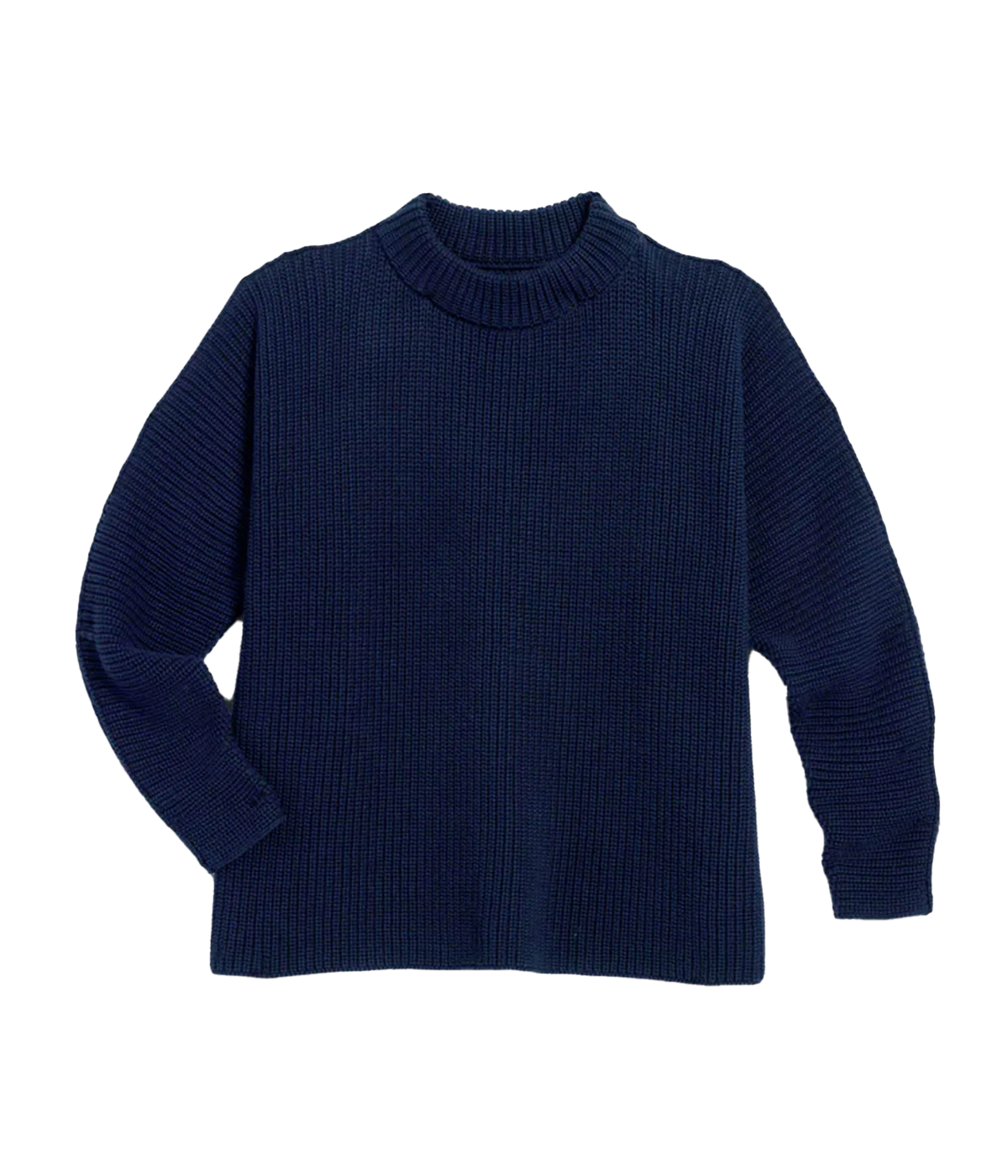 ALT text: Frank &amp; Eileen Montecito Sweater in marine with exaggerated crew neckline, long continuous sleeves, and exposed seam details.