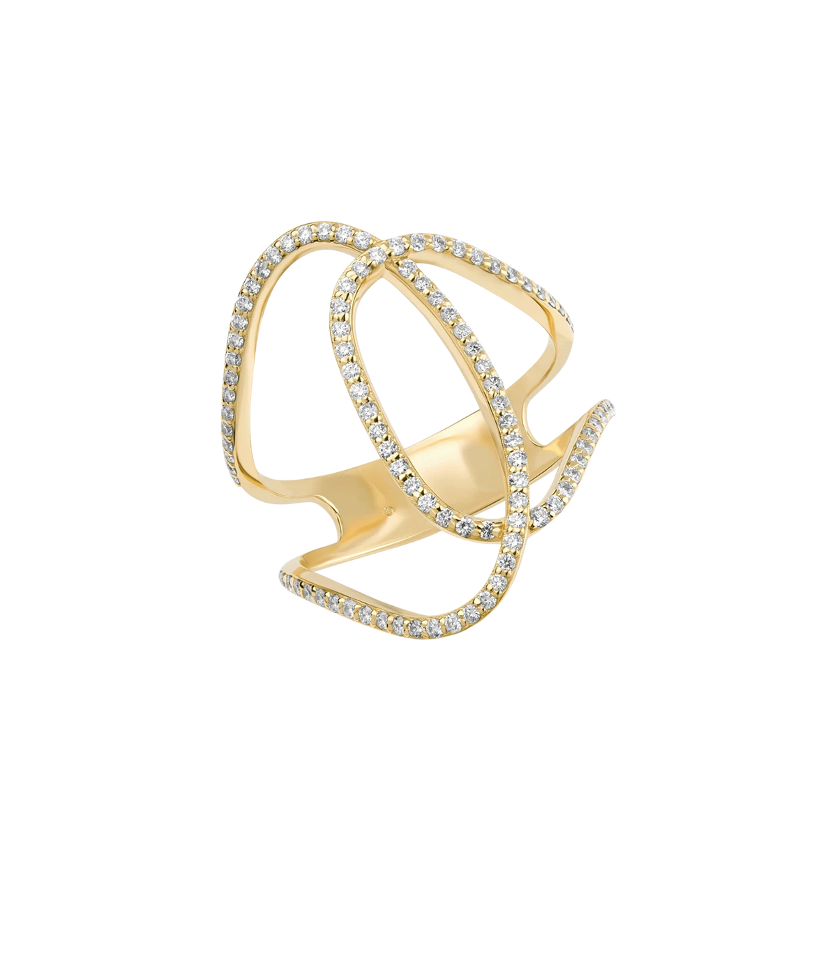 LANA Diamond Thin Sculpted Ring in Yellow Gold shown from above, with interlocking curved bands set with pavé diamonds