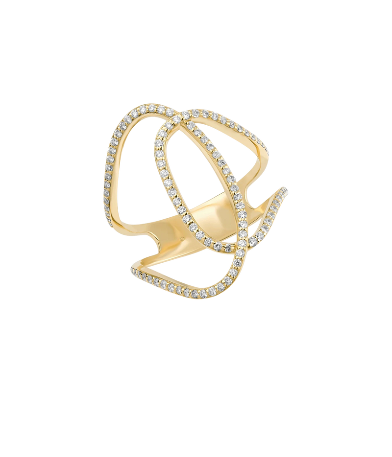LANA Diamond Thin Sculpted Ring in Yellow Gold shown from above, with interlocking curved bands set with pavé diamonds