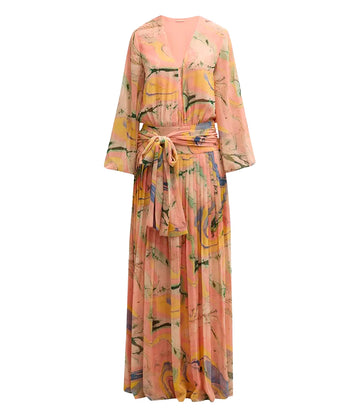 Floor length evening gown by Alexis in a lightweight pink and abstract water colour lightweight chiffon. Features cuffed long puff sleeves and a plunging V neckline, perfect for a night out.