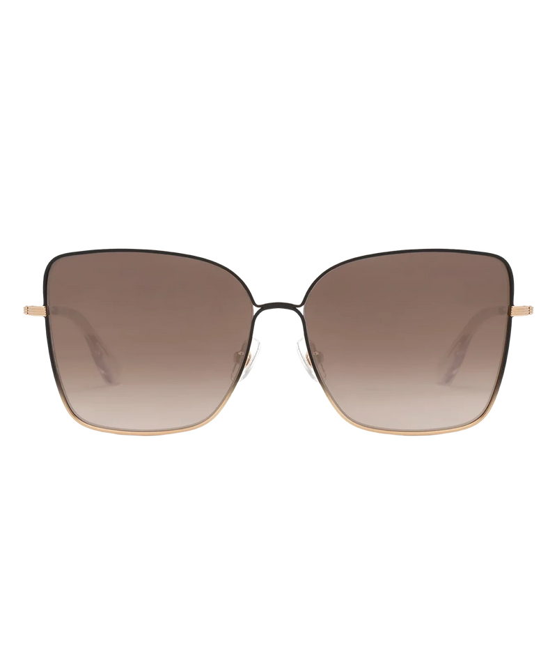 Front view of the KREWE Dolly Sunglasses in Matte Black Fade, showing the oversized square frame fading from black to gold and brown gradient lenses