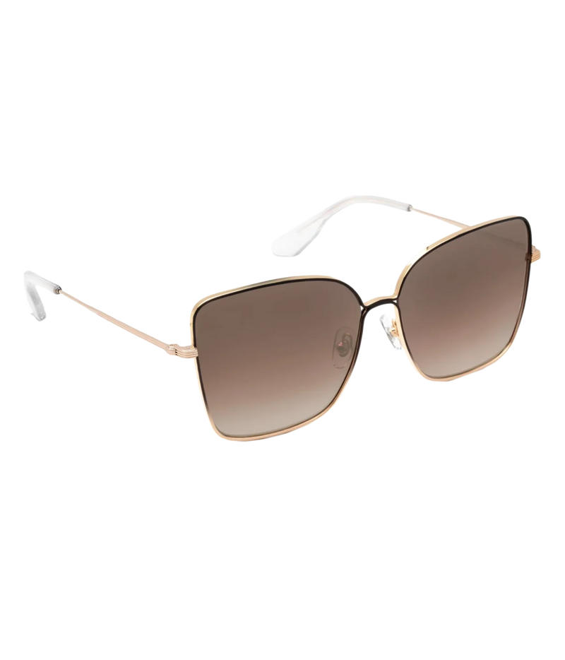 Three-quarter view of the KREWE Dolly Sunglasses in Matte Black Fade, showing the slim gold temples and crystal temple tips
