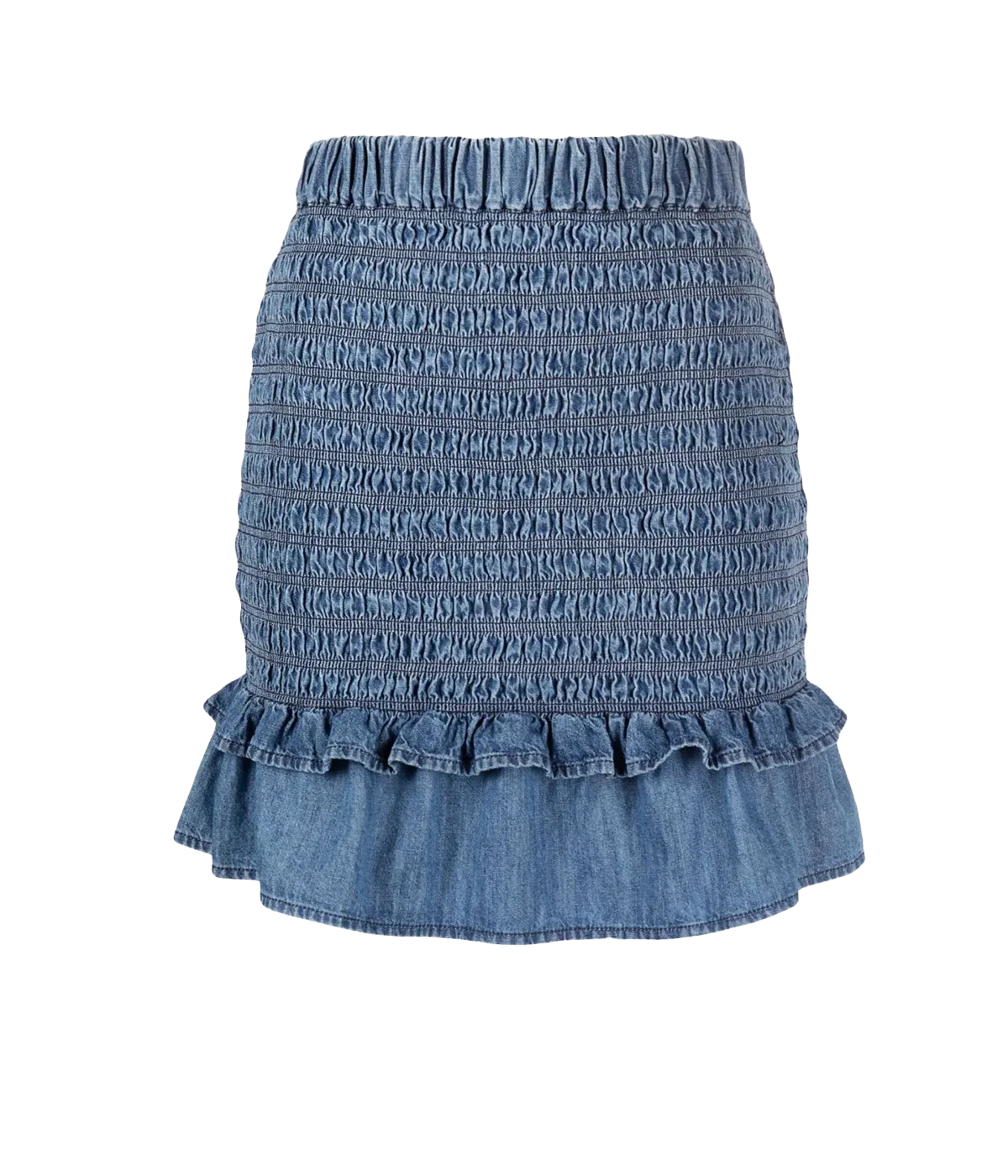 A must have staple chambray skirt, with a mini style cut, smocking detailing, pull on style and elasticated waistband. Summer staple, comfortable, made internationally, ruffle mini skirt, lunch with girlfriends, 100% cotton. 