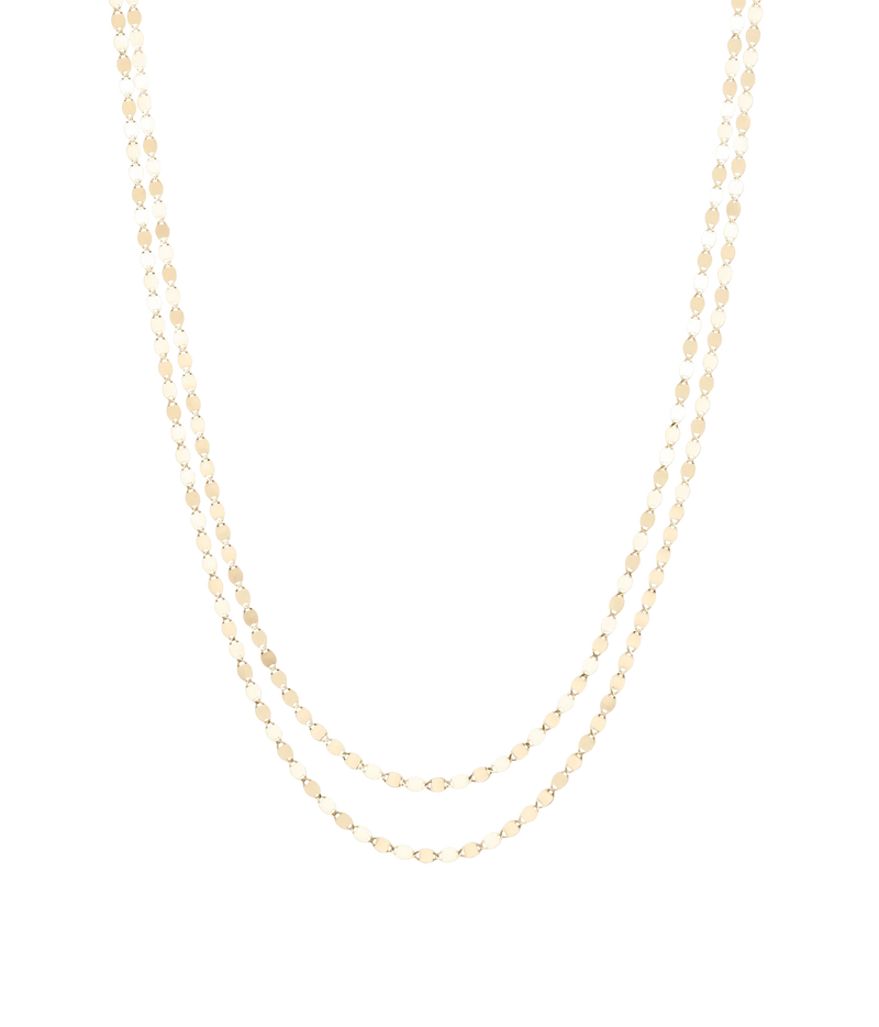 LANA Double Strand Petite Nude Necklace in Yellow Gold laid flat, showing two fine strands of Petite Nude chain with the lower strand sitting slightly longer