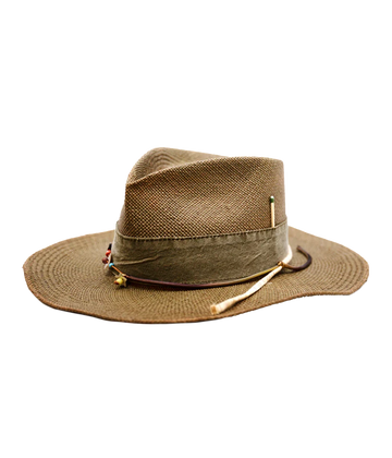  A stand out investment piece hand made in USA, a stylist wide brim straw hat, with beads, and mother of pearl wrap and signature match stick. Throw on and go, summer hat, trendy, special, olive colourway, festival. 