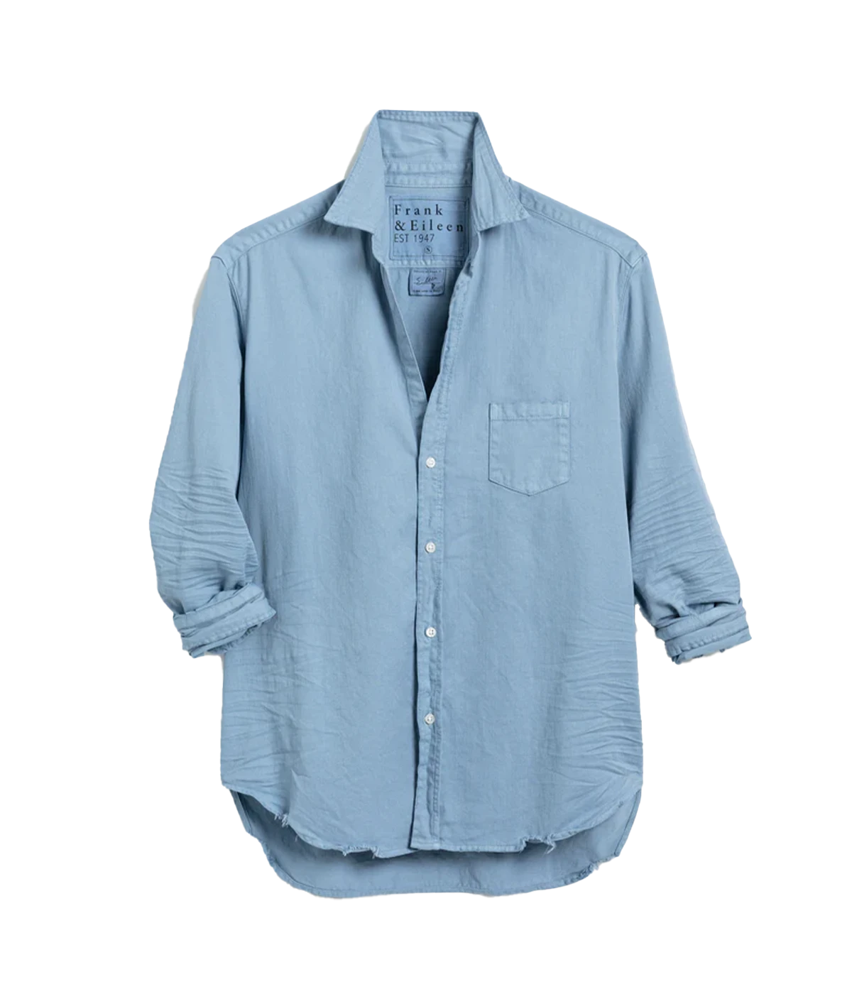 A hand-dyed and distressed soft blue denim shirt by Frank and Eileen. Flattering bust fit that covers your bum, wash and wear this bra-friendly shirt with anything. 