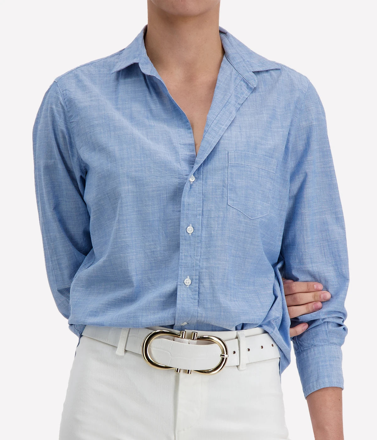 Eileen Woven Button Up in Washed Blue