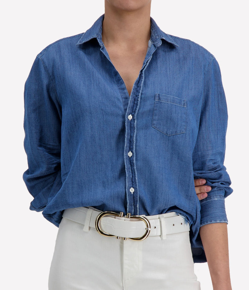 Eileen Woven Button Up Shirt in Stonewashed Indigo