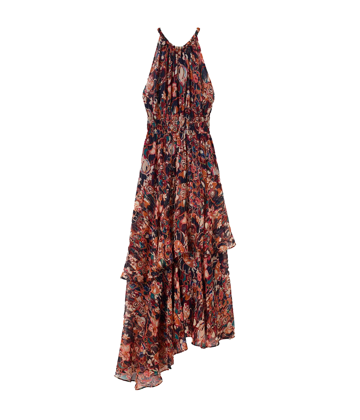 A halter neck style midi dress, featuring ruffle tiers and elasticated sinch waist detailing. In a red, orange and blue floral print with metallic thread. Made in USA, bra friendly, comfortable, long lunch, summer dress, lunch with girlfriends. 