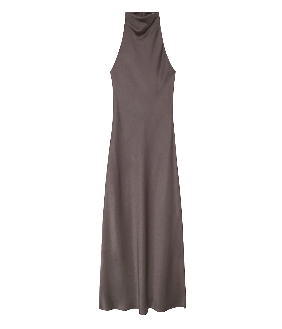 ALT text: Eliana Dress in iron, ankle-length silk charmeuse dress with halter neckline and button closure at back.