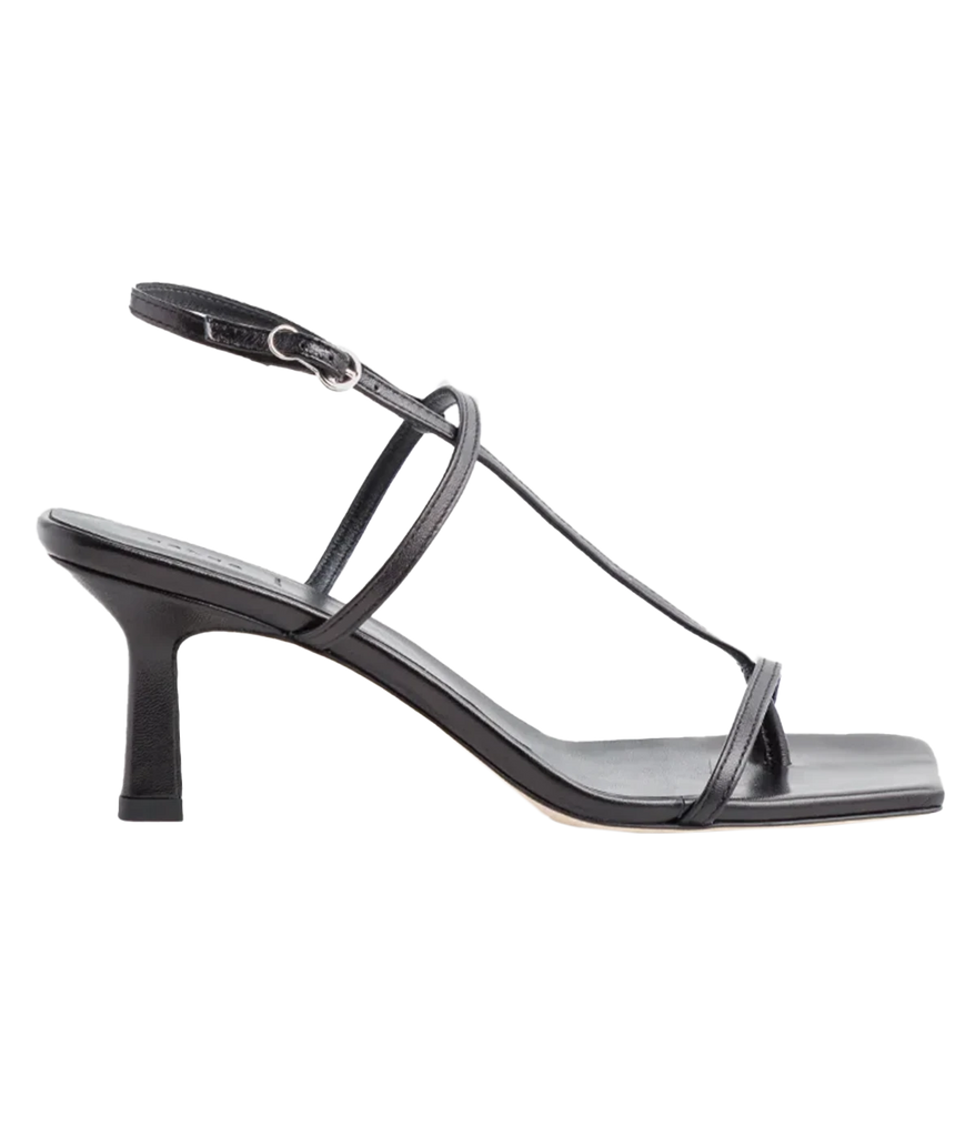 A sleek stiletto low strappy black heel, with square toe, knotted toe thong, foot straps and buckle closure. Formal shoe, comfortable, made in Italy, 6.5cm heel, chic everyday heel, leather. 