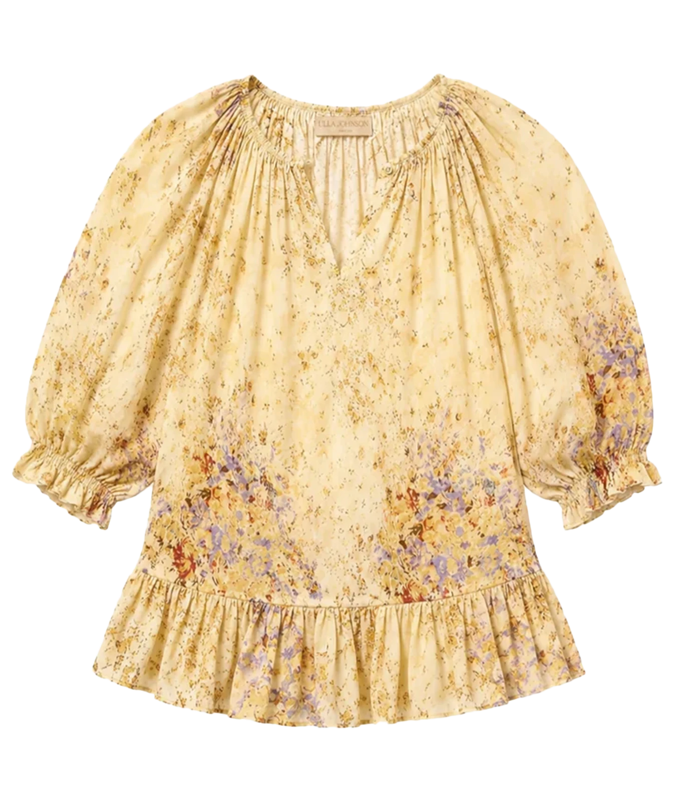 A women's blouse with a yellow-beige base, featuring a delicate multicolor floral print and voluminous puff sleeves with ruffled cuffs and a ruffled hem.