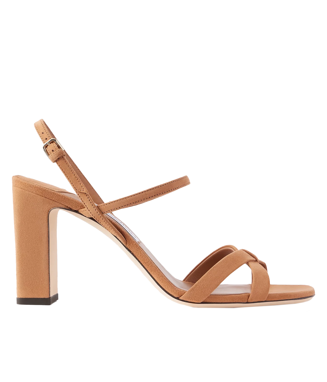 A tan block-heel sandal with a low block heel, a single ankle strap with a buckle, and two crisscrossing front straps, shown in profile against a white background.