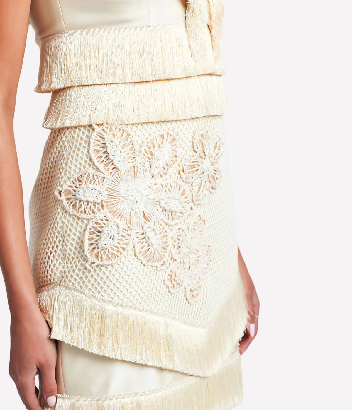 Embroidered Fringe Mini Dress in Ivory