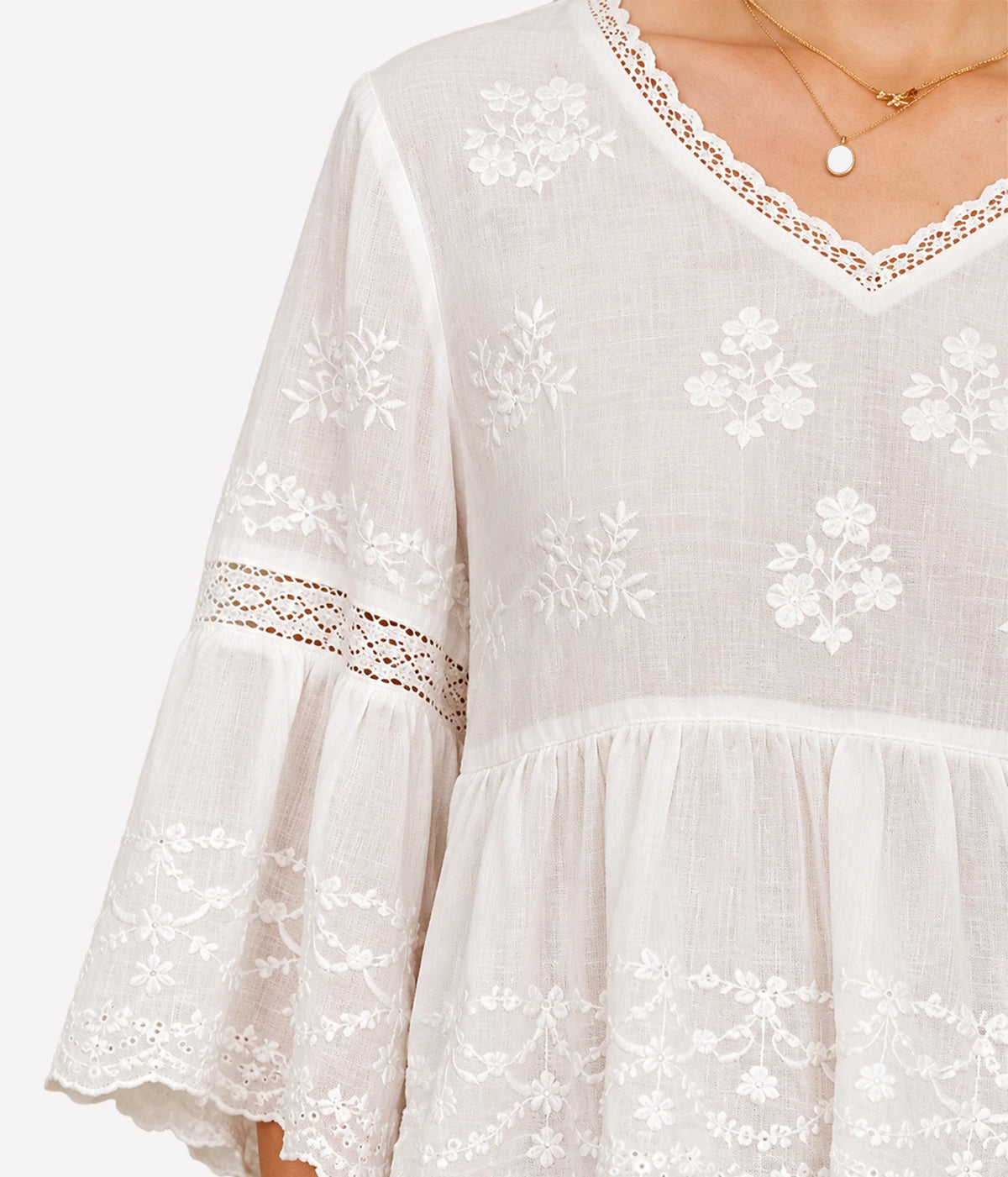 Close-up of the M.A.B.E Sisi embroidered top in Ivory, showing the V-neckline, lace trim and tonal embroidery.