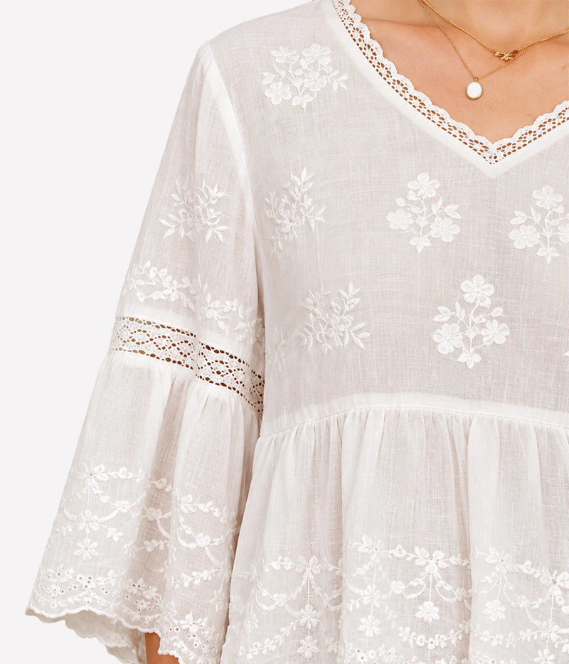 Close-up of the M.A.B.E Sisi embroidered top in Ivory, showing the V-neckline, lace trim and tonal embroidery.