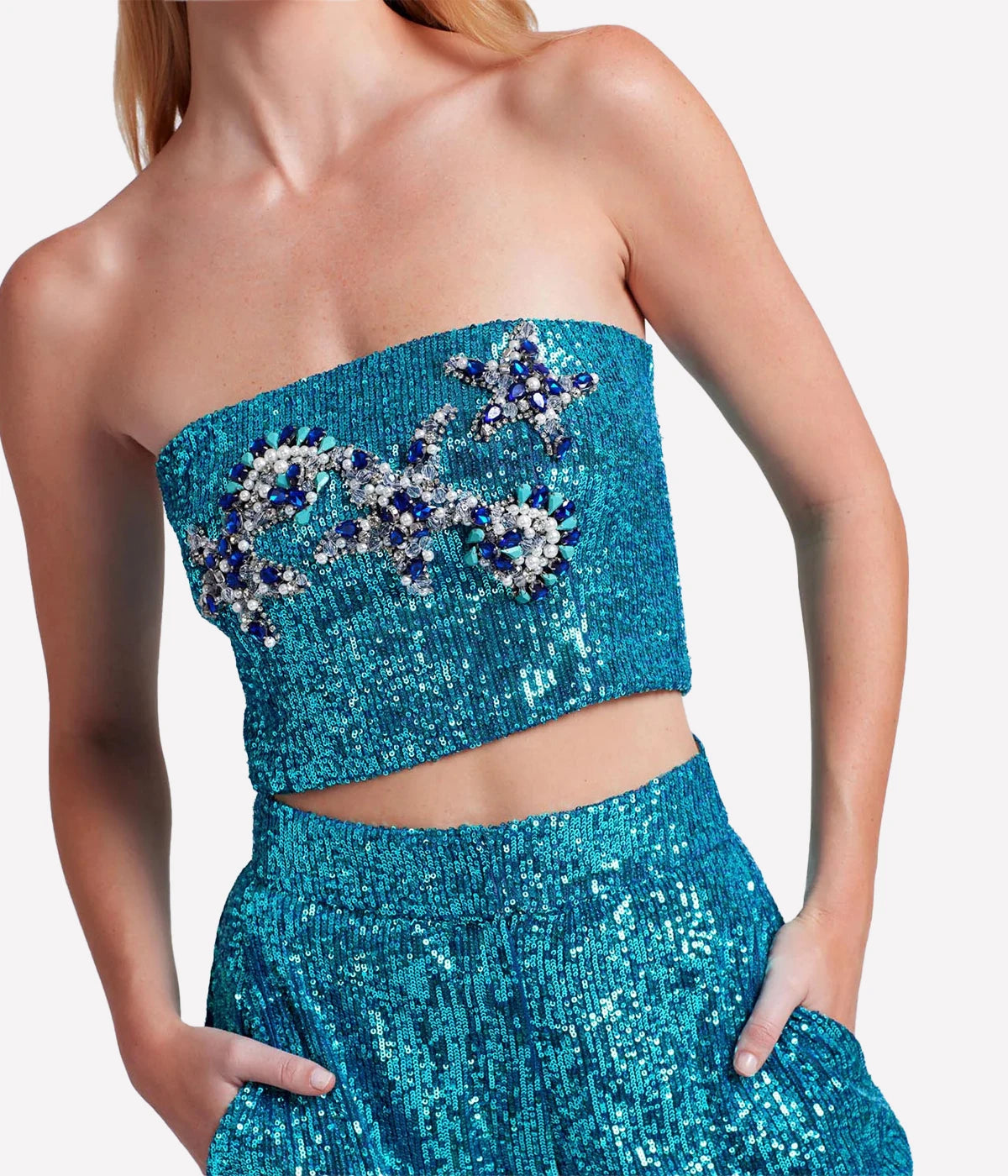 Embroidered Ombre Sequin Top in High Tide