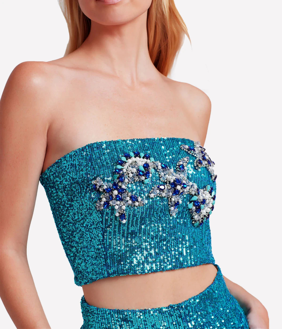 Embroidered Ombre Sequin Top in High Tide