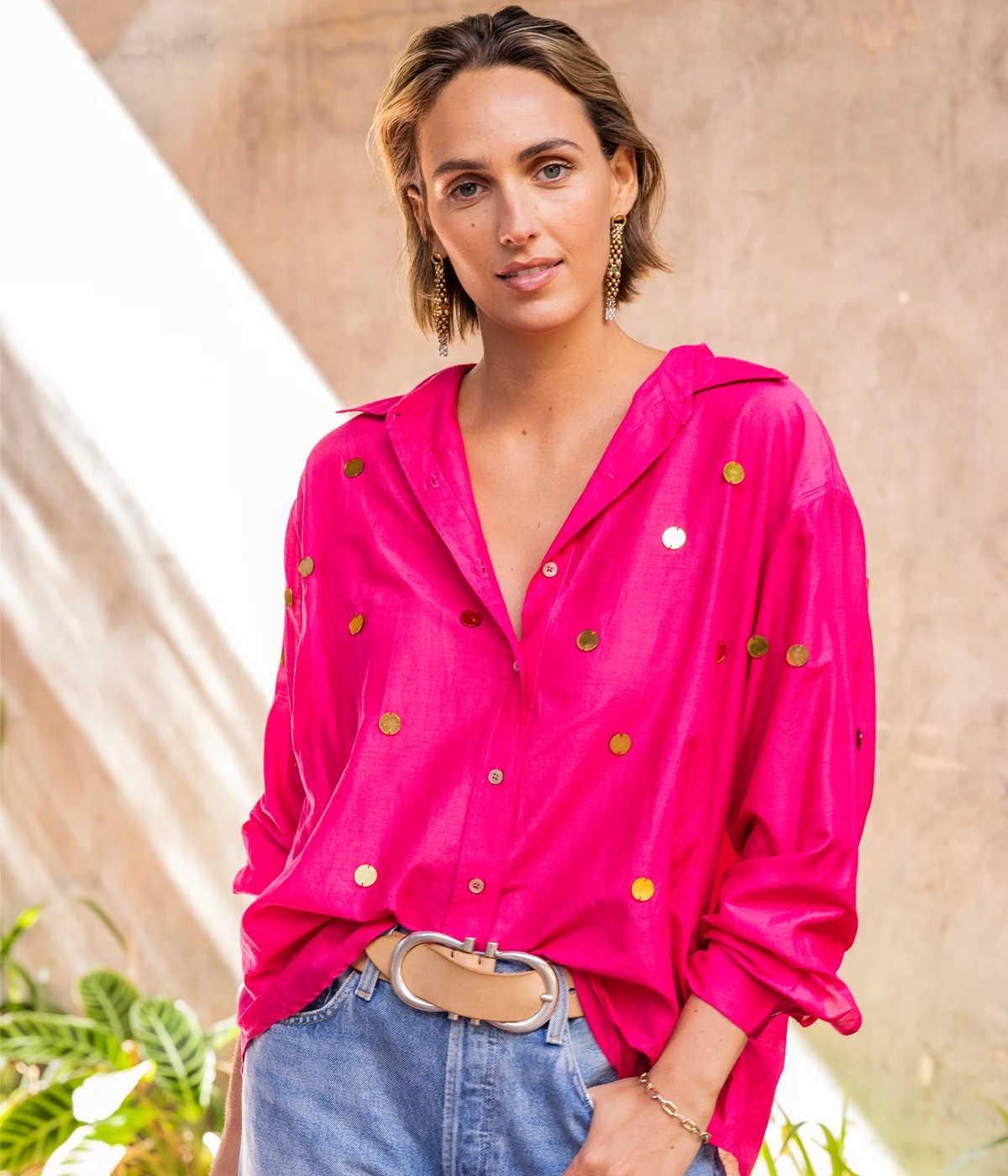 Embroidered Voile Shirt in Magenta