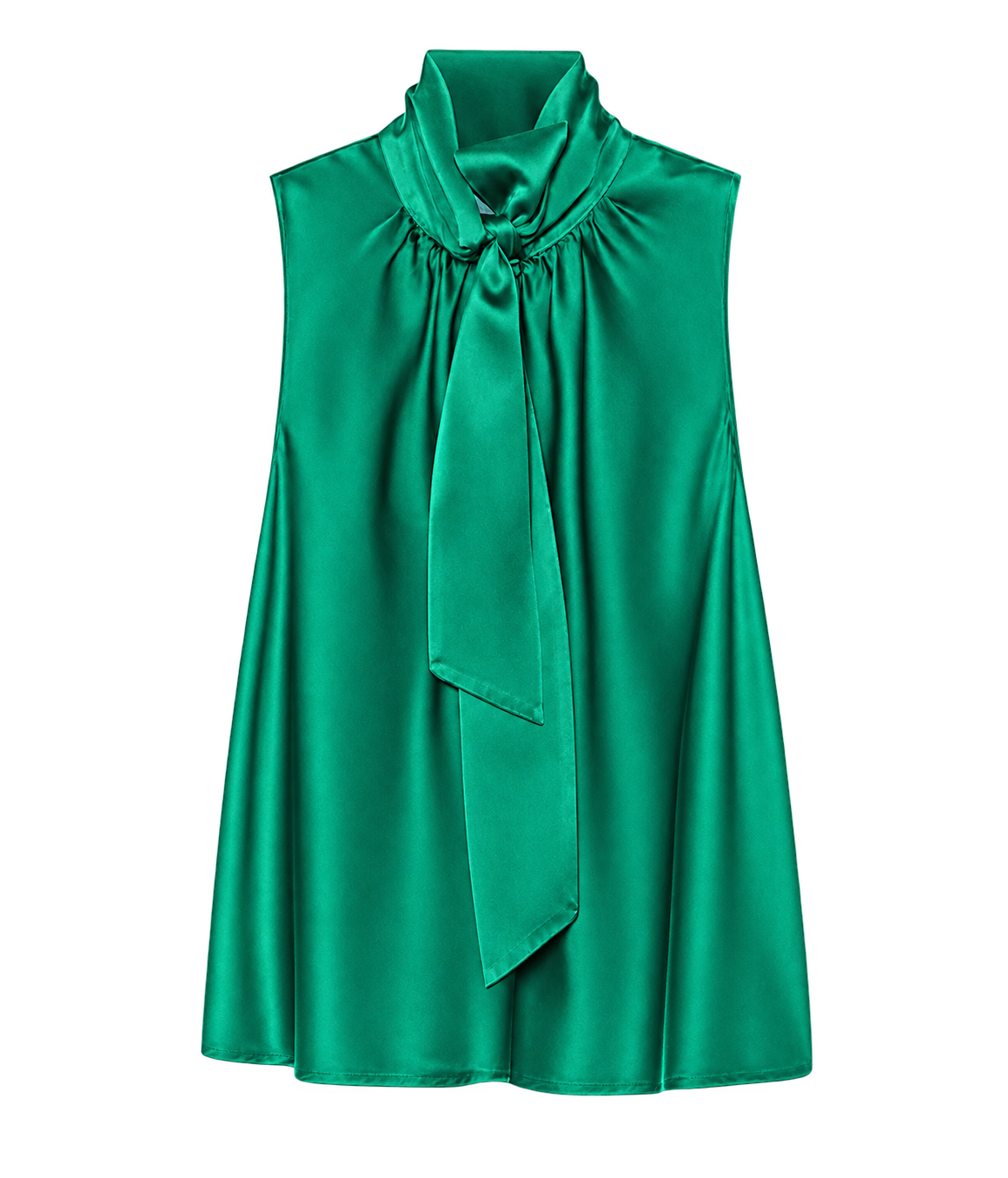 Front product view of the Forte Forte silk satin sash top in Royal, a sleeveless emerald green top with a long tie at the neck.