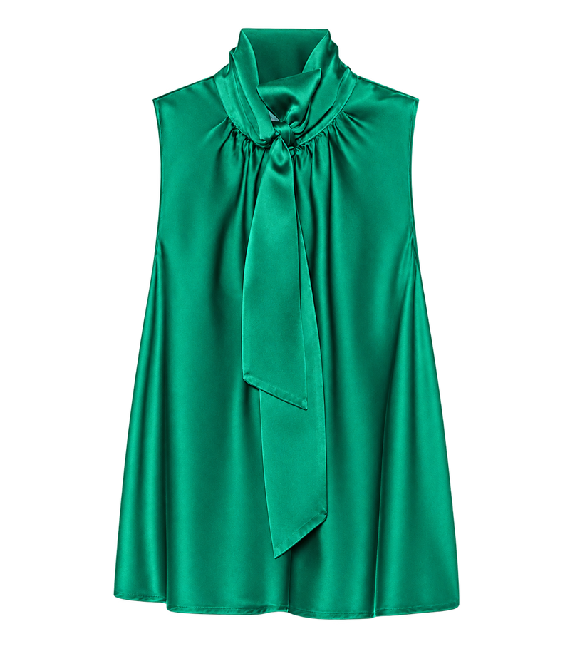 Front product view of the Forte Forte silk satin sash top in Royal, a sleeveless emerald green top with a long tie at the neck.