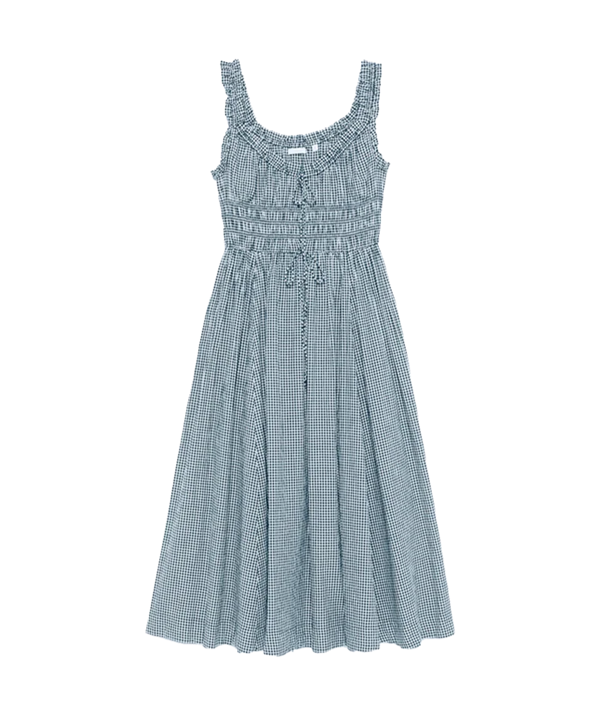 ALT text: Blue gingham maxi dress with ruffled straps, a smocked bodice, and adjustable ties.