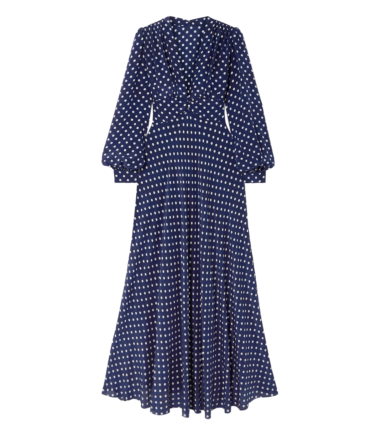 Lightweight, non-stretchy fabric navy and white polka dot silk dress. Made of 100 percent silk Crepe de Chine. Perfect for any occasion from long lunches to black tie events, wear this RIXO dress all holiday season. 