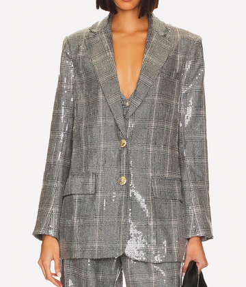 A fully sequined blazer suit jacket in a grey plaid, long sleeves, front button closure and side pockets. Comfortable, bra friendly, throw on and go, date night, trendy. 