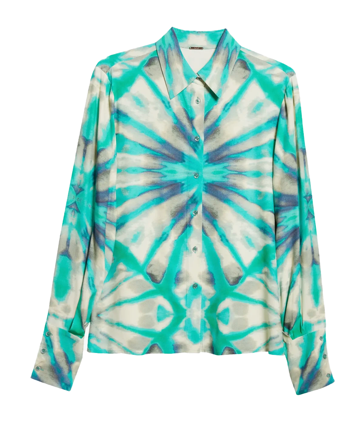 Image of a long sleeve button down, in a kaleidoscope patterned blue and green colour way, featuring a button up detail, collared detail, detailed three button cuff. Fashion forward, mens inspired oversizes shirt, date night top, light weight, silky material, Long lunch, date night, Miami Made. 