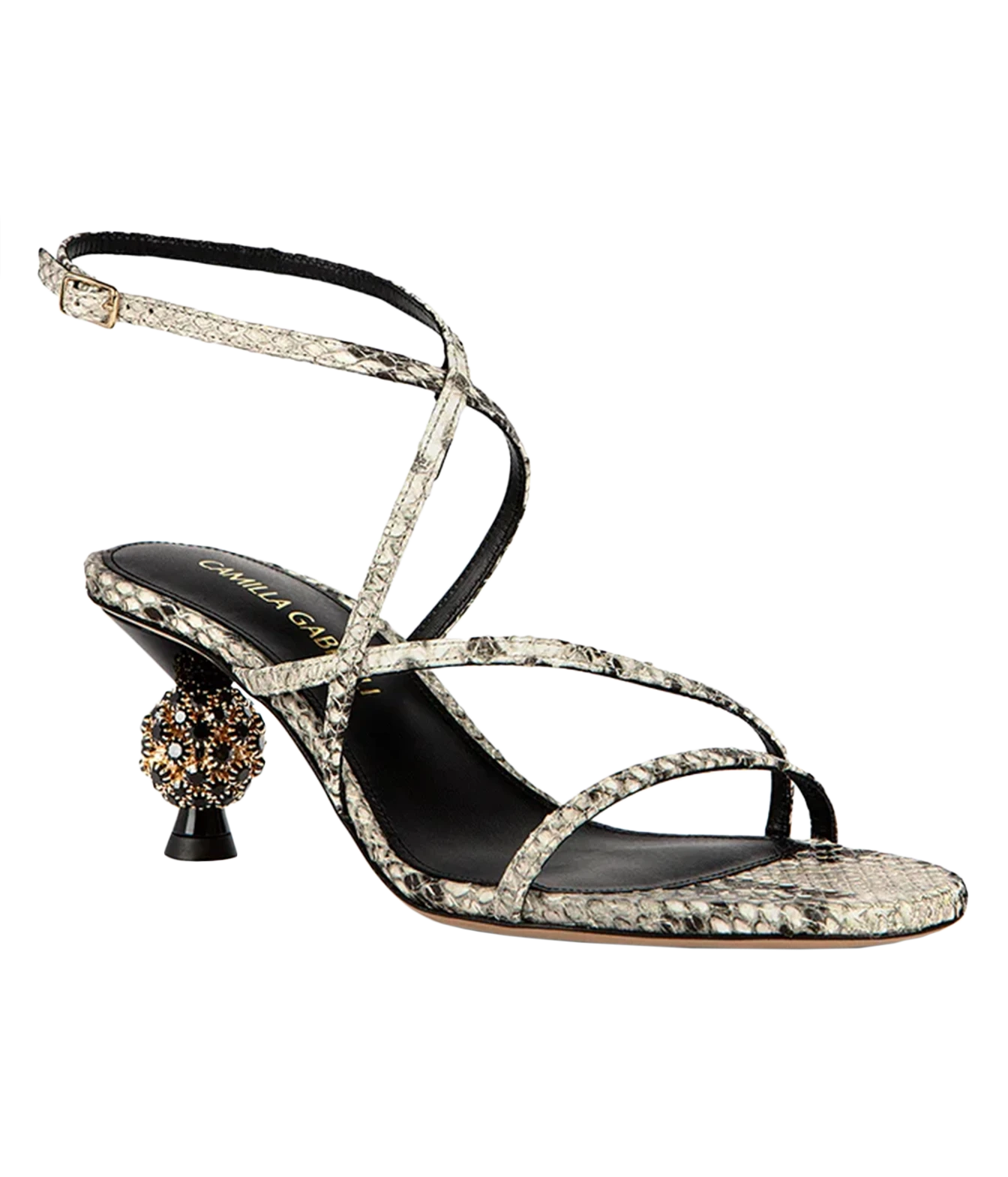 A single women's heeled sandal, featuring a snakeskin-patterned strap and toe strap, a black insole with gold branding.